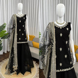 Royal Black Embroidered Kurta Palazzo Set with Dupatta