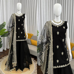 Royal Black Embroidered Kurta Palazzo Set with Dupatta