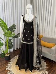 Royal Black Embroidered Kurta Palazzo Set with Dupatta