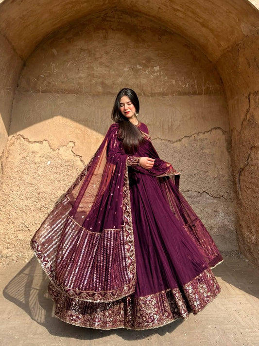 Wine Color Flared Anarkali Dress with Heavy Border Work