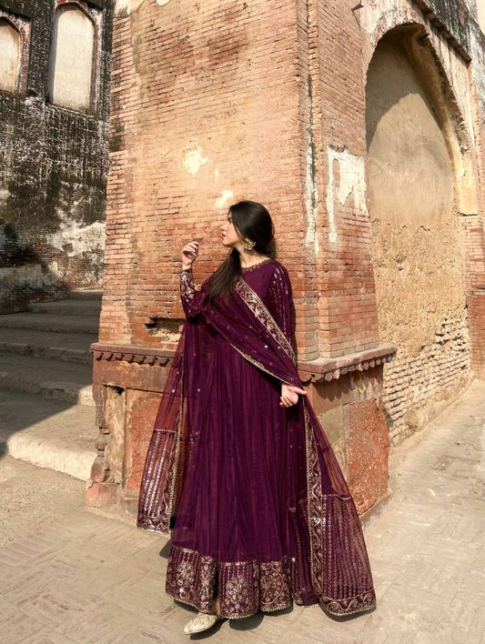 Wine Color Flared Anarkali Dress with Heavy Border Work
