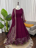 Wine Color Flared Anarkali Dress with Heavy Border Work