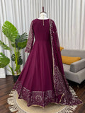 Wine Color Flared Anarkali Dress with Heavy Border Work