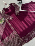 Wine Color Flared Anarkali Dress with Heavy Border Work