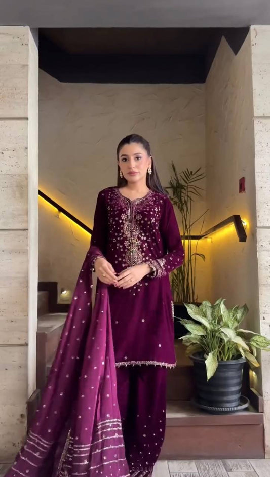 Wine Embroidered Kurta Sharara Set with Dupatta