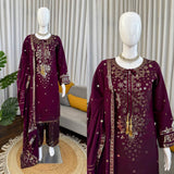 Wine Embroidered Kurta Sharara Set with Dupatta