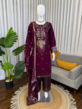 Wine Embroidered Kurta Sharara Set with Dupatta