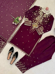 Wine Embroidered Kurta Sharara Set with Dupatta