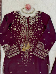 Wine Embroidered Kurta Sharara Set with Dupatta