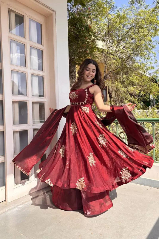 Maroon Embroidered Anarkali Gown with Dupatta