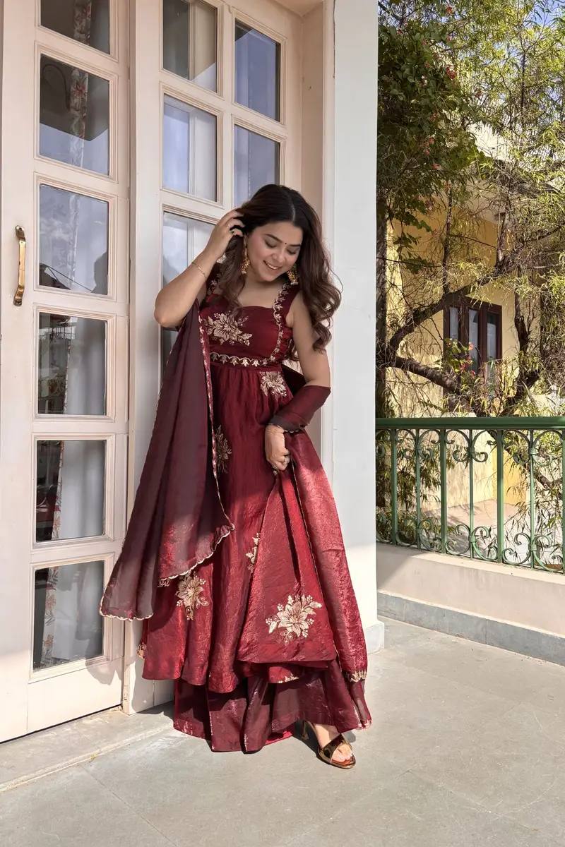 Maroon Embroidered Anarkali Gown with Dupatta