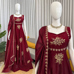 Maroon Embroidered Anarkali Gown with Dupatta