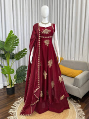 Maroon Embroidered Anarkali Gown with Dupatta