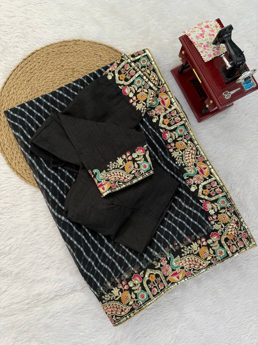 Midnight Black Elegance Saree with Floral Border