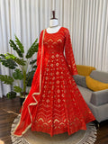 Red Anarkali Suit with Intricate Golden Print, Flowy Silhouette & Elegant Dupatta Set