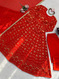 Red Anarkali Suit with Intricate Golden Print, Flowy Silhouette & Elegant Dupatta Set