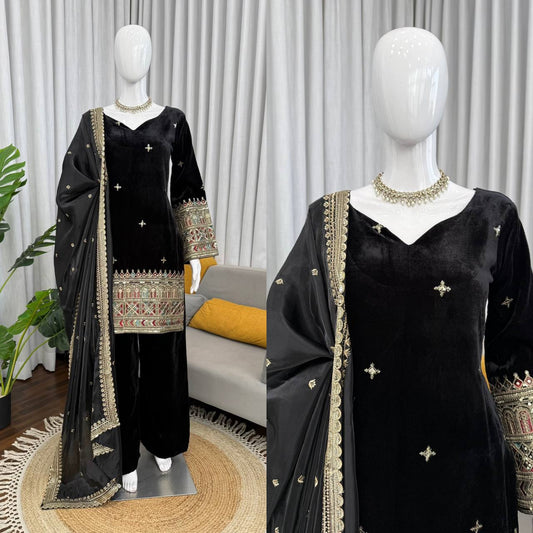 Black Velvet Kurta with Rich Multicolor Embroidered Sleeves & Regal Handwork