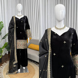 Black Velvet Kurta with Rich Multicolor Embroidered Sleeves & Regal Handwork