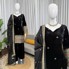 Black Velvet Kurta with Rich Multicolor Embroidered Sleeves & Regal Handwork