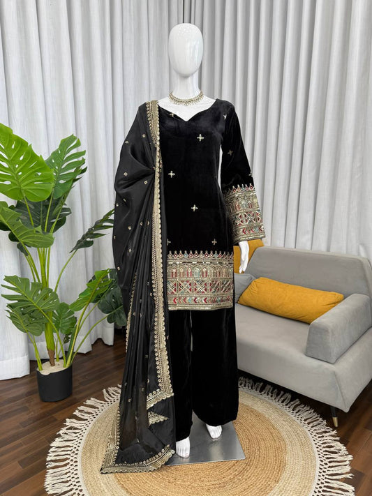 Classic Black Velvet Kurta Set with Embroidered Border & Dupatta