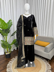 Black Velvet Kurta with Rich Multicolor Embroidered Sleeves & Regal Handwork