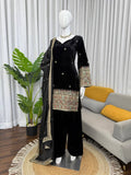 Classic Black Velvet Kurta Set with Embroidered Border & Dupatta