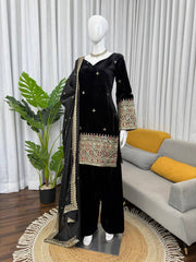 Black Velvet Kurta with Rich Multicolor Embroidered Sleeves & Regal Handwork