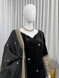 Black Velvet Kurta with Rich Multicolor Embroidered Sleeves & Regal Handwork