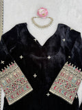Black Velvet Kurta with Rich Multicolor Embroidered Sleeves & Regal Handwork