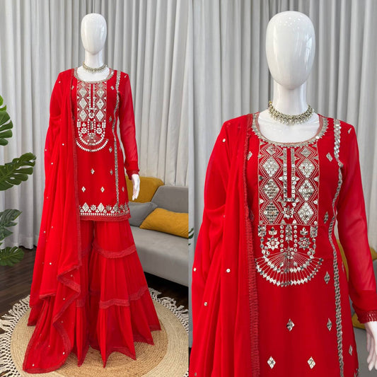 Royal Red Sharara Set with Intricate Mirror Embroidery, Statement Kurta & Flowing Dupatta
