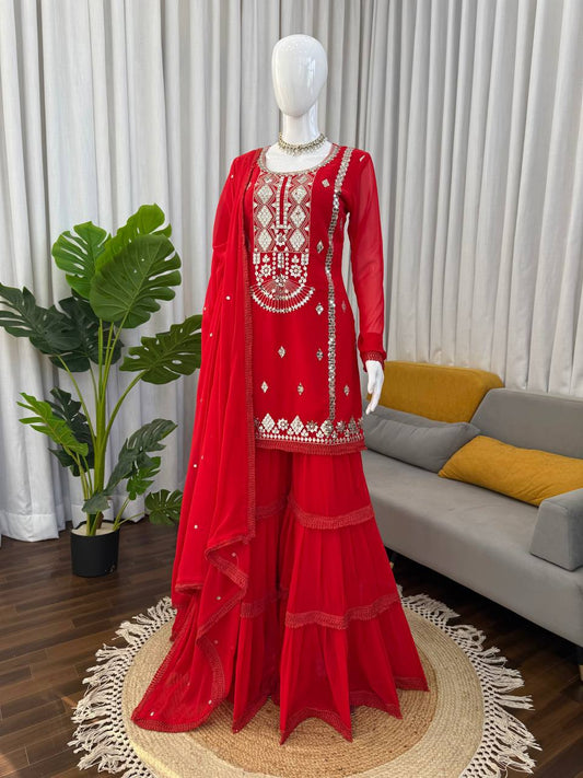 Royal Red Sharara Set with Intricate Mirror Embroidery, Statement Kurta & Flowing Dupatta