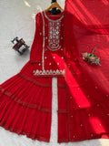 Designer Red Sharara Suit with Embroidered Kurta & Dupatta