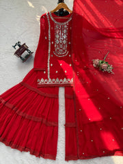 Royal Red Sharara Set with Intricate Mirror Embroidery, Statement Kurta & Flowing Dupatta