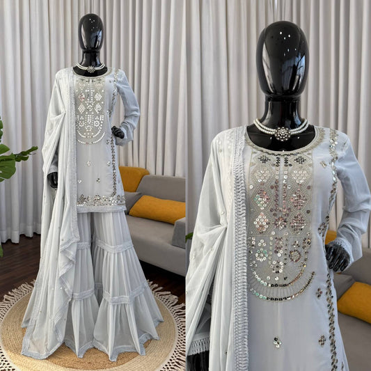 Ethereal Ice Grey Sharara Set with Handcrafted Mirror Embroidery, Flowy Tiered Gharara & Graceful Dupatta Elegance
