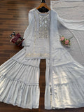 Ethereal Ice Grey Sharara Set with Handcrafted Mirror Embroidery, Flowy Tiered Gharara & Graceful Dupatta Elegance