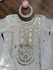 Ethereal Ice Grey Sharara Set with Handcrafted Mirror Embroidery, Flowy Tiered Gharara & Graceful Dupatta Elegance