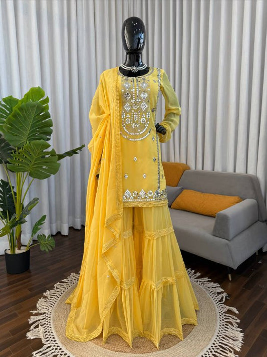 Sunshine Yellow Sharara Set with Mirror Work Kurta, Flowing Layered Gharara & Elegant Dupatta