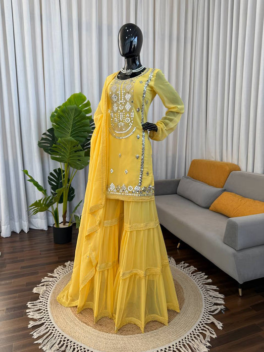 Sunshine Yellow Sharara Set with Mirror Work Kurta, Flowing Layered Gharara & Elegant Dupatta