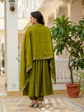 Olive Green Anarkali Kurta Set with Embroidered Dupatta