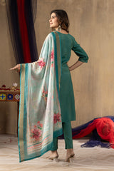 Sea Green Embroidered Kurta Pant Set with Floral Printed Dupatta