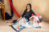 Navy Blue Embroidered Kurta Pant Set with Floral Printed Dupatta