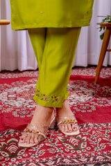 Lime Green Embroidered Kurta Pant Set with Floral Organza Dupatta