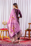 Wine Purple Embroidered Kurta Pant Set with Floral Organza Dupatta