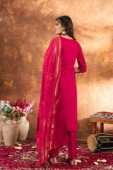 Rani Pink Embroidered Kurta Pant Set with Banarasi Dupatta