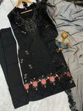 Black Embroidered Kurta Set with Floral Dupatta