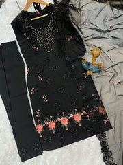 Black Embroidered Kurta Set with Floral Dupatta