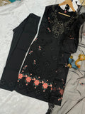 Black Embroidered Kurta Set with Floral Dupatta