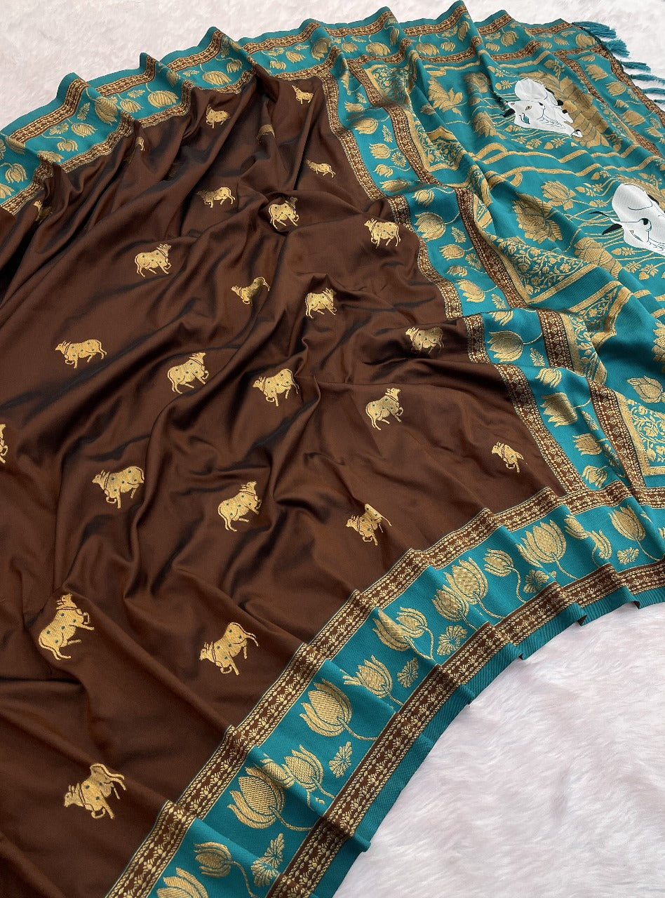 festive-wear-brown-silk-saree-with-matching-teal-blouse