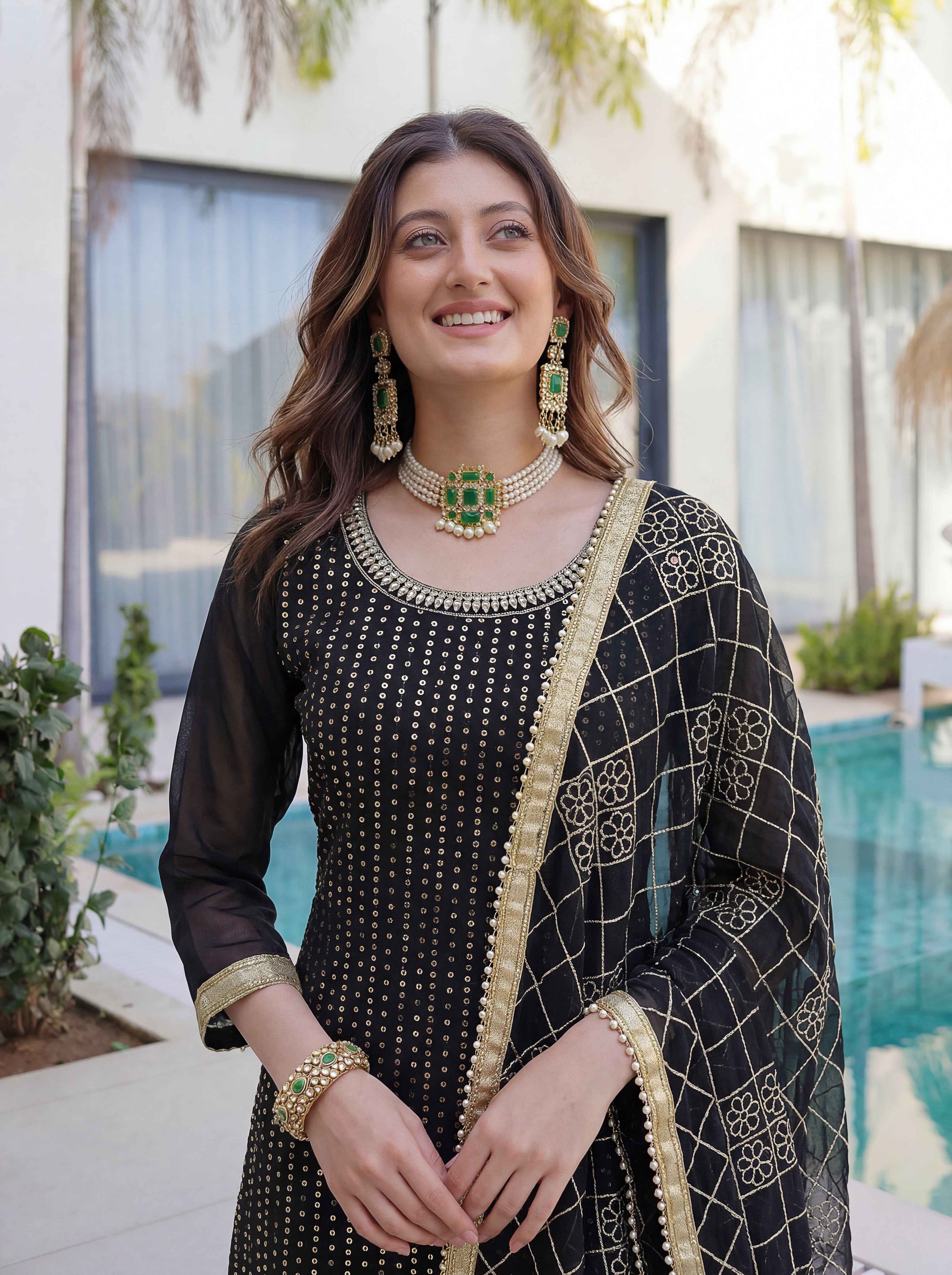 Elegant black embroidered sharara suit for women with dupatta