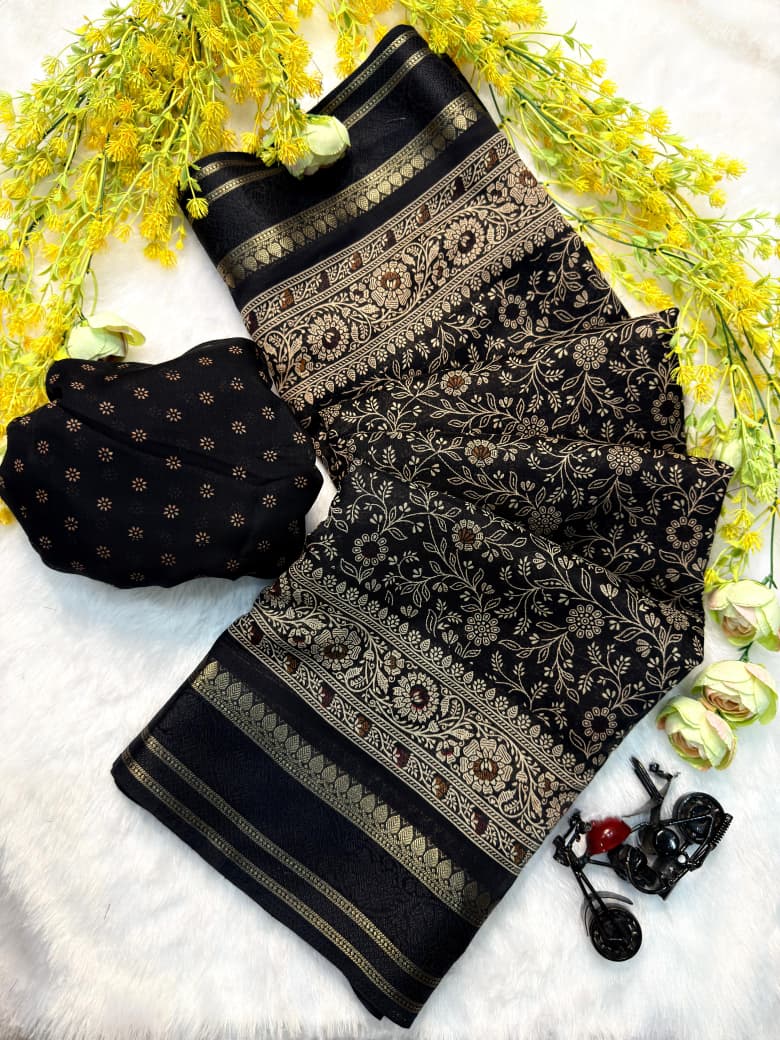 Elegant black traditional saree with golden zari detailing